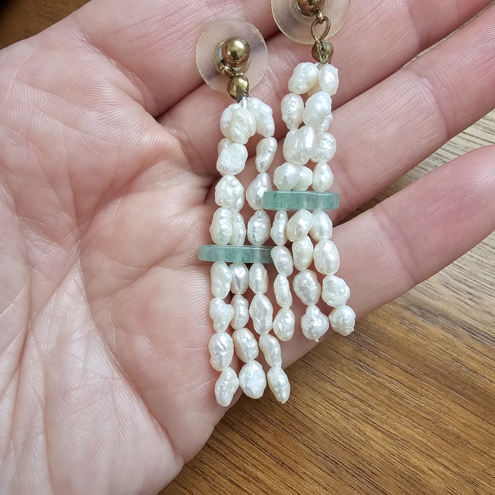 Pale Green Stone & Triple Row Seed Pearl Vintage Statement Earrings